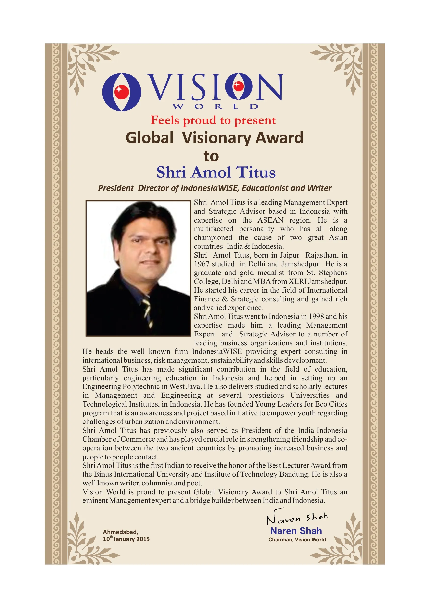 Amol Titus Global Visionary Award 2015 citation