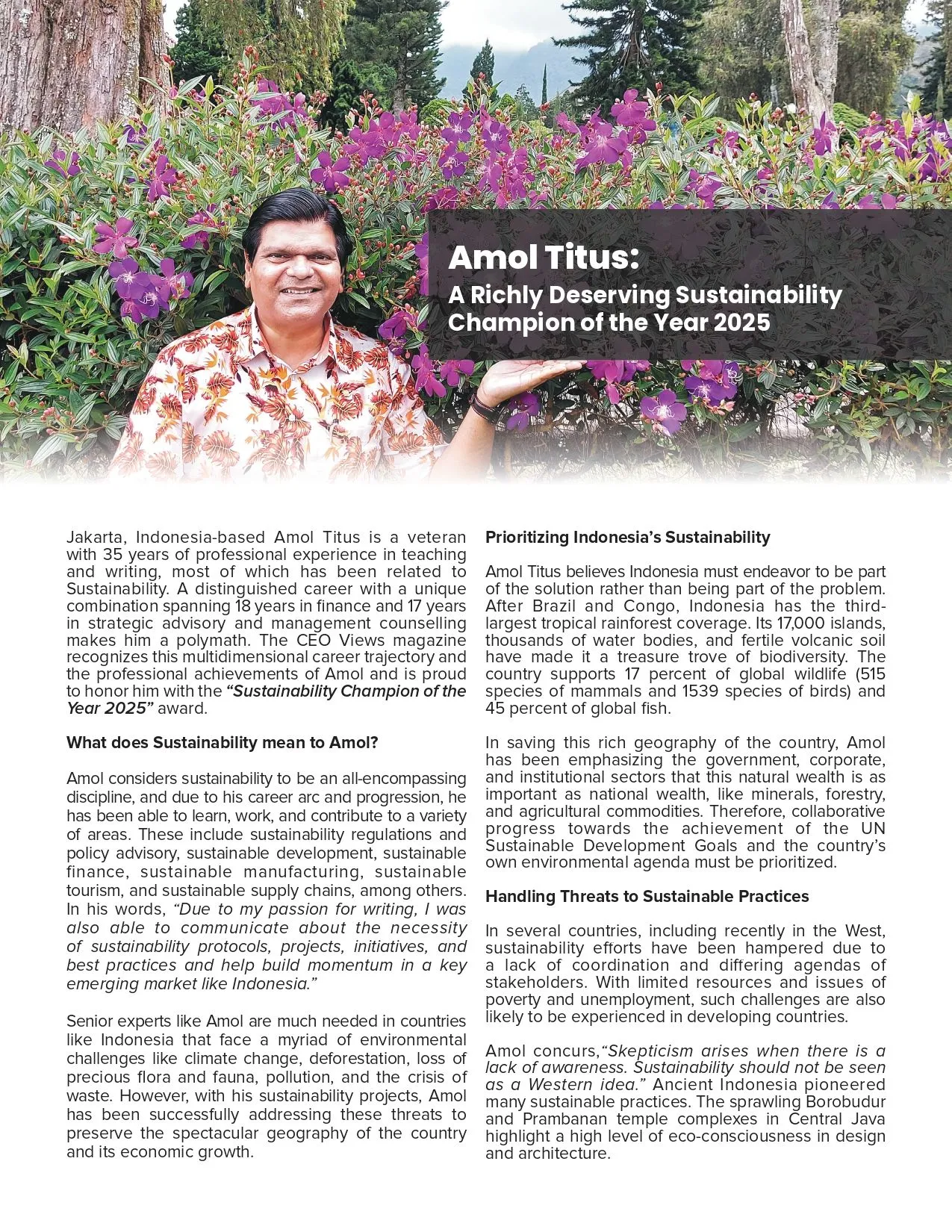 Amol Titus awarded Sustainability Champion of the Year 2025 by CEO Views magazine